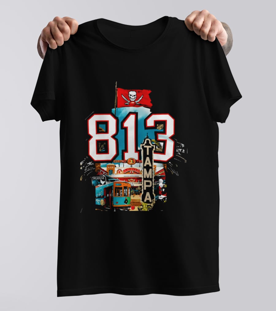 Tampa Bay Buccaneers 813 Day Celebration With Pirate Flag And Tampa Landmarks T-Shirt