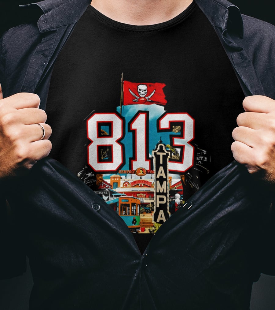 Tampa Bay Buccaneers 813 Day Celebration With Pirate Flag And Tampa Landmarks T-Shirt