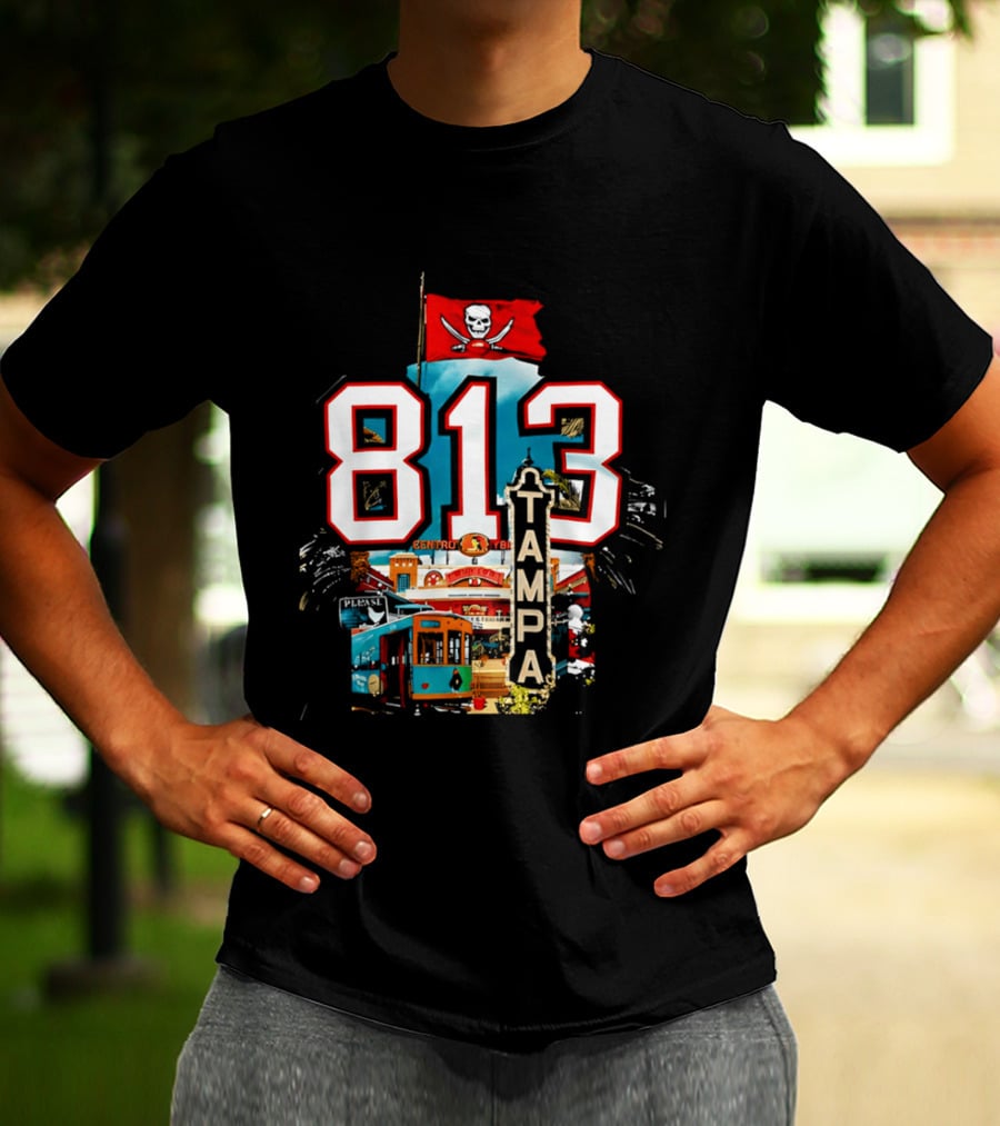 Tampa Bay Buccaneers 813 Day Celebration With Pirate Flag And Tampa Landmarks T-Shirt