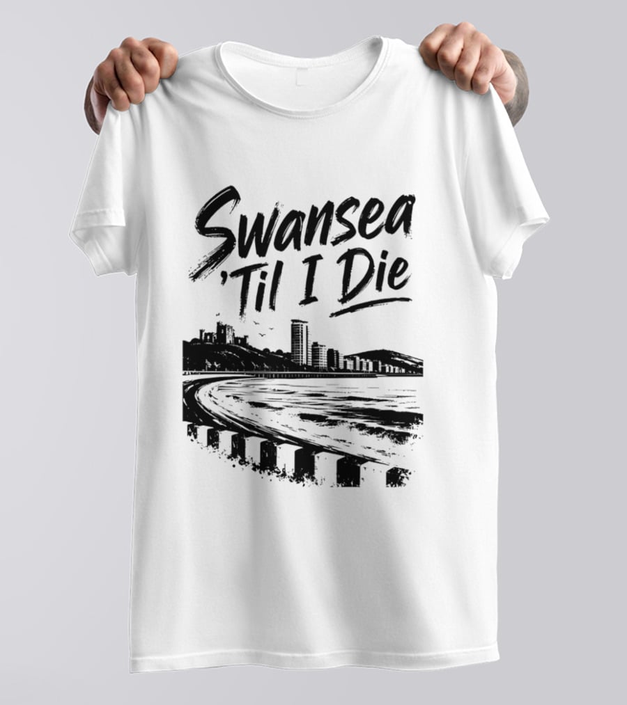 Swansea 'Til I Die Swansea Cityscape Coastal Skyline T-Shirt