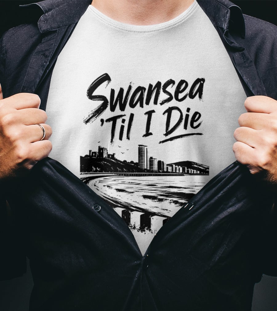Swansea 'Til I Die Swansea Cityscape Coastal Skyline T-Shirt