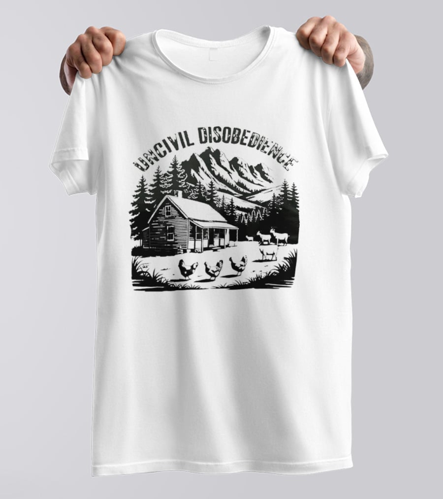 Uncivil Disobedience Distressed Mountain Cabin Homestead With Chickens And Goats T-Shirt