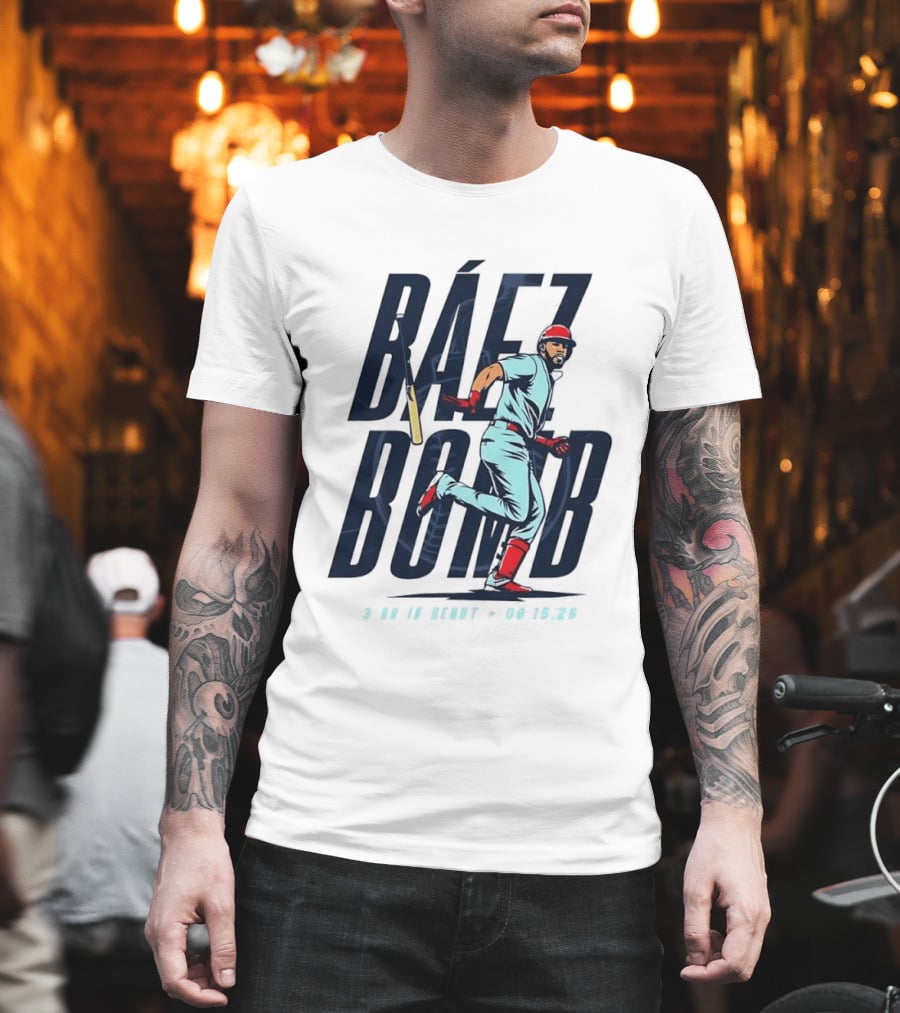Báez Bomb 3 HR In Debut 08 15 26 Cartoon Baseball Player Running T-Shirt