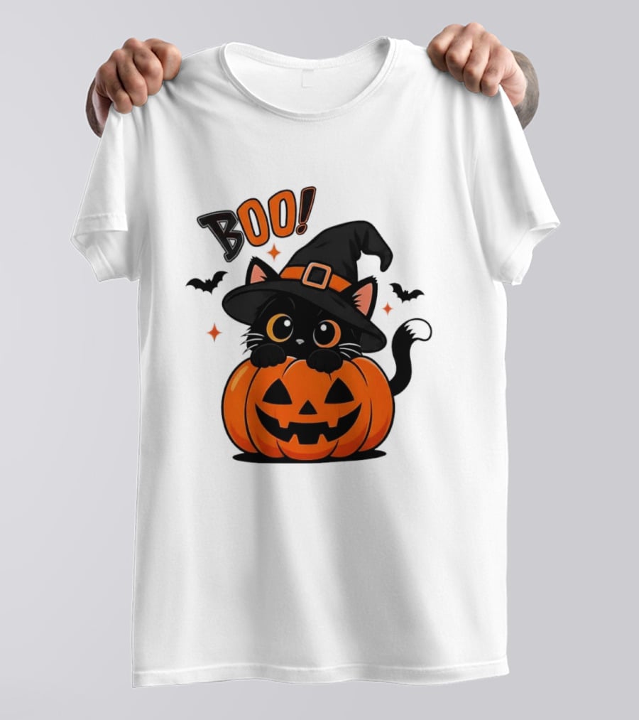 Boo Halloween Black Cat Witch Hat Jack O Lantern Pumpkin T-Shirt