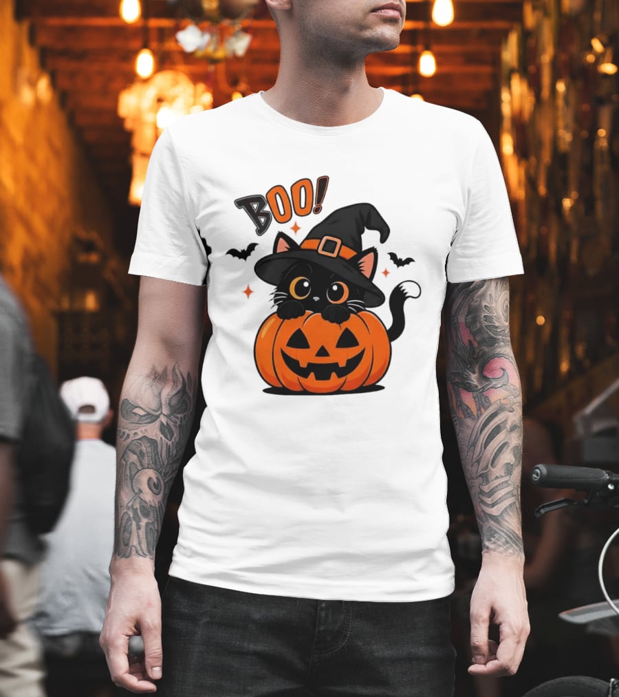 Boo Halloween Black Cat Witch Hat Jack O Lantern Pumpkin T-Shirt