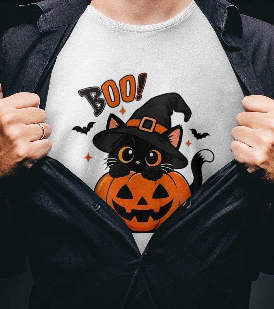 Boo Halloween Black Cat Witch Hat Jack O Lantern Pumpkin T-Shirt