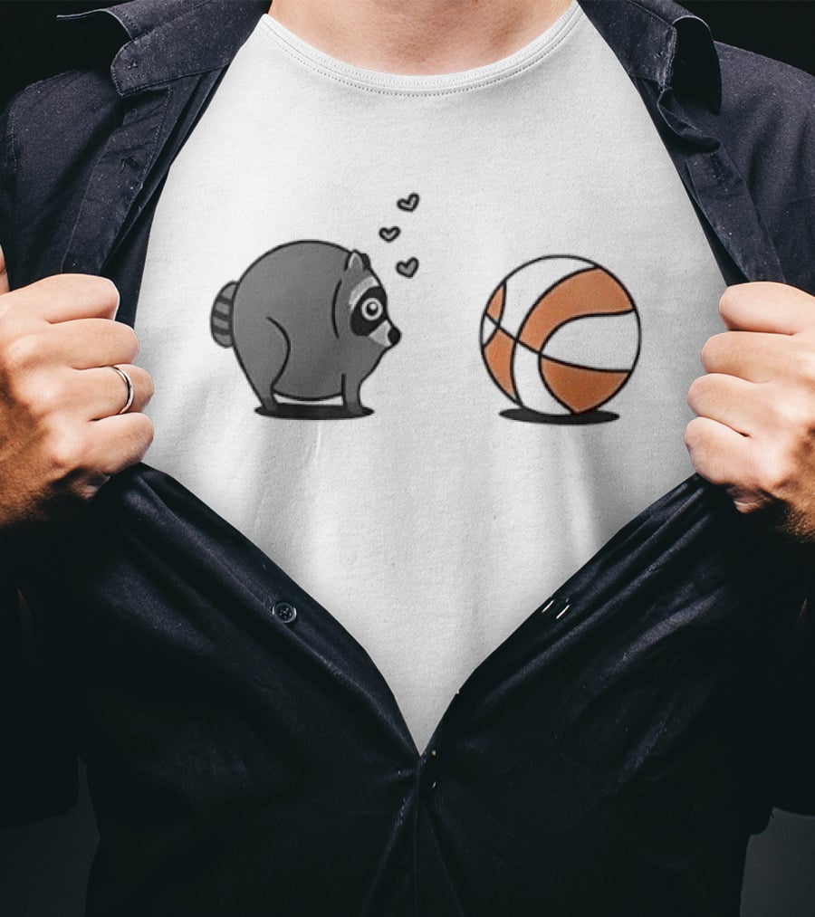 Chubby Cartoon Raccoon Admiring Basketball With Pink Hearts T-Shirt