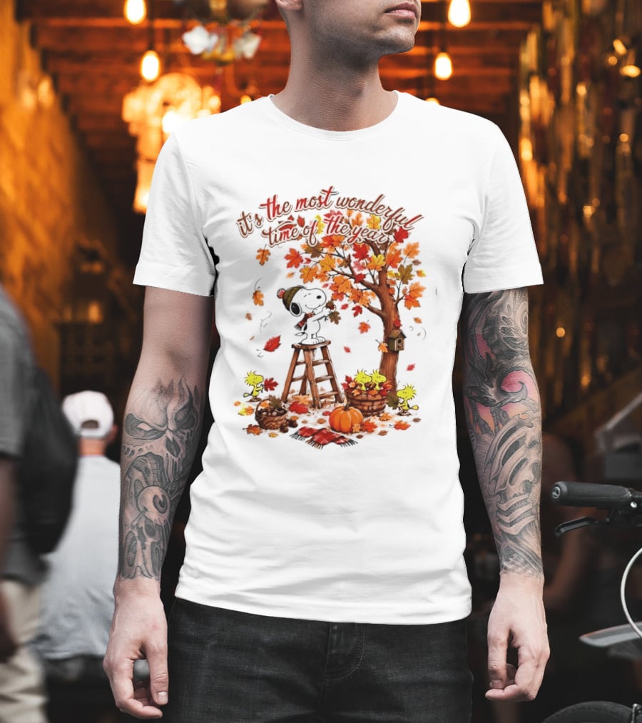 Snoopy It's The Most Wonderful Time Of The Year Autumn Tree Pumpkin Woodstock T-Shirt