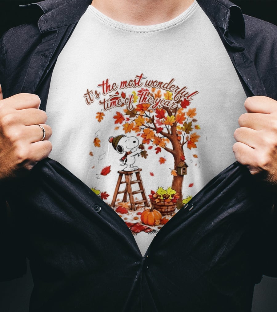 Snoopy It's The Most Wonderful Time Of The Year Autumn Tree Pumpkin Woodstock T-Shirt