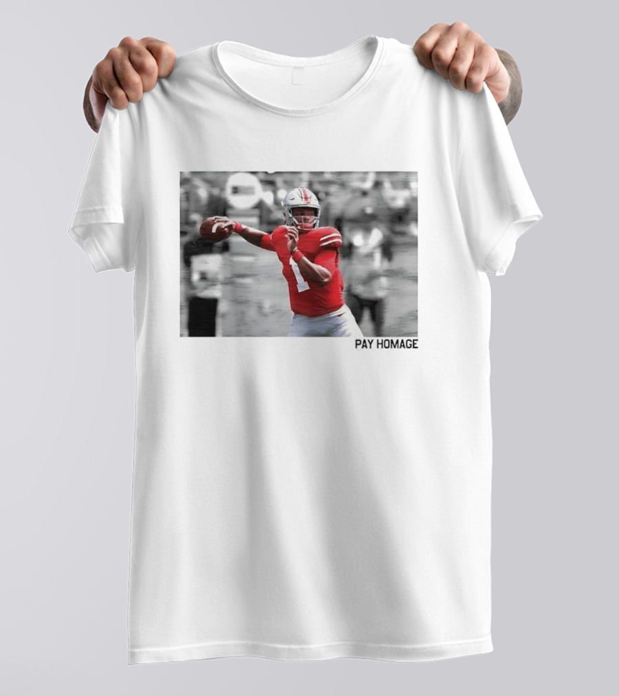 Ohio State Buckeyes NCAA Pay Homage Quarterback Throwing Football Selective Color Photo T-Shirt