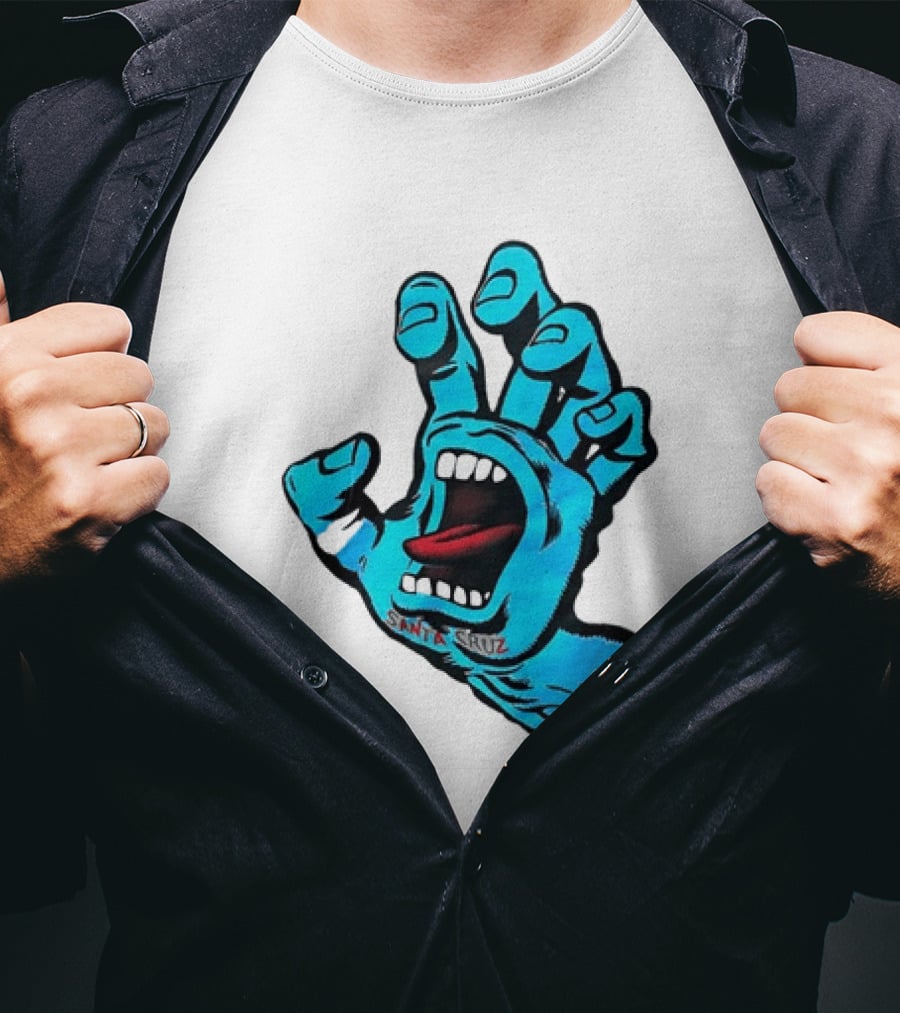 Santa Cruz Blue Screaming Hand Open Mouth Tongue Cartoon T-Shirt