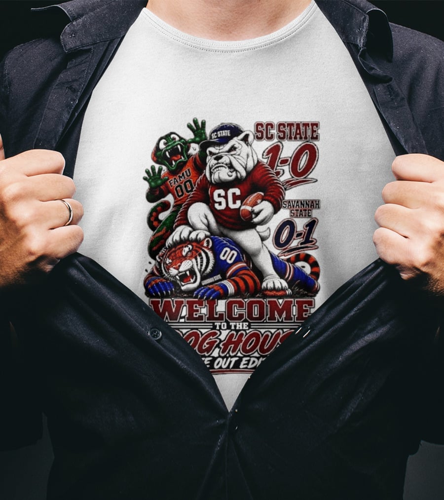 South Carolina State Bulldogs 1 0 Welcome To The Dog House White Out Edition Cartoon Tackling Tiger Savannah State 0 1 FAMU 00 T-Shirt