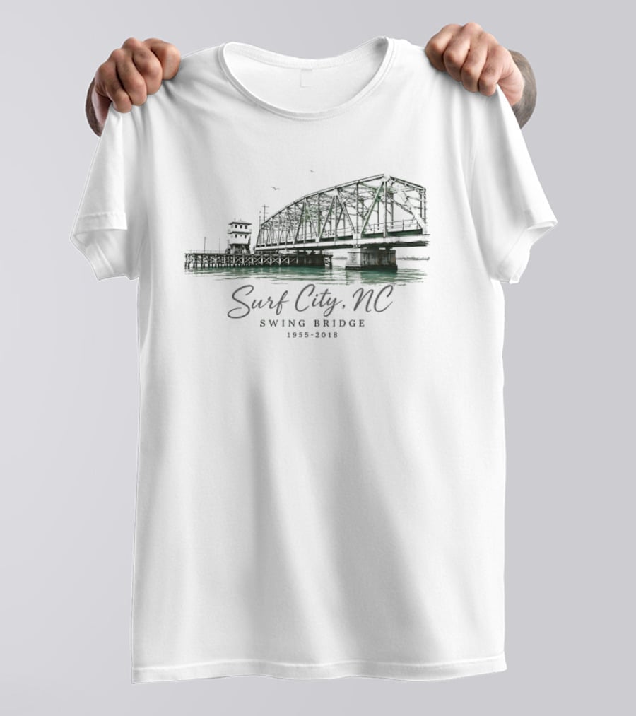 Surf City NC Swing Bridge 1955 2018 Water Birds Coastal Pier Green Watercolor T-Shirt