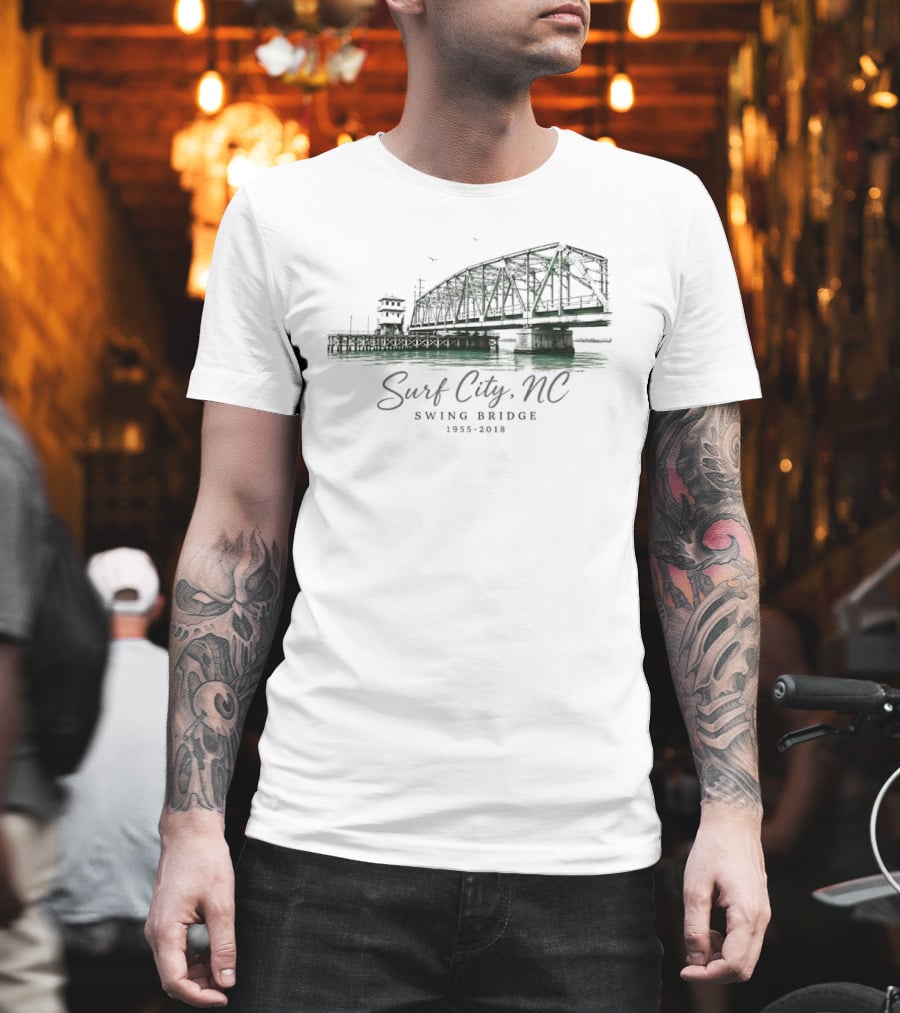 Surf City NC Swing Bridge 1955 2018 Water Birds Coastal Pier Green Watercolor T-Shirt