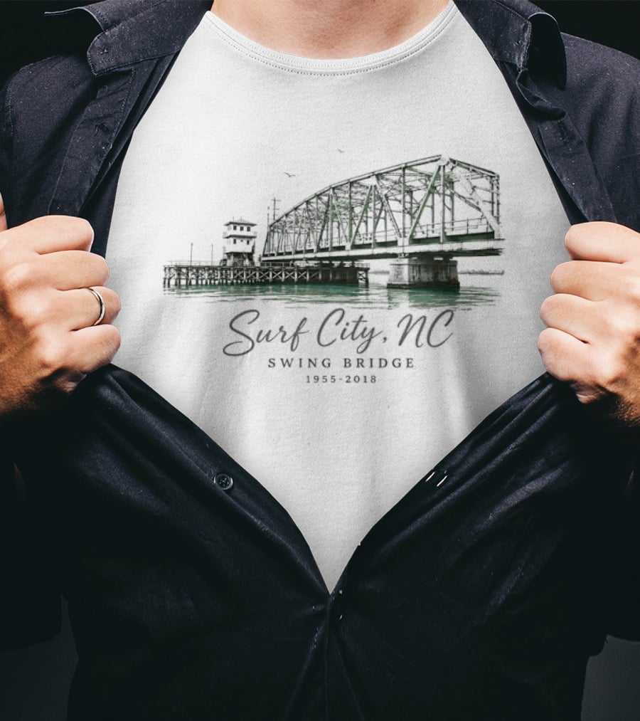 Surf City NC Swing Bridge 1955 2018 Water Birds Coastal Pier Green Watercolor T-Shirt