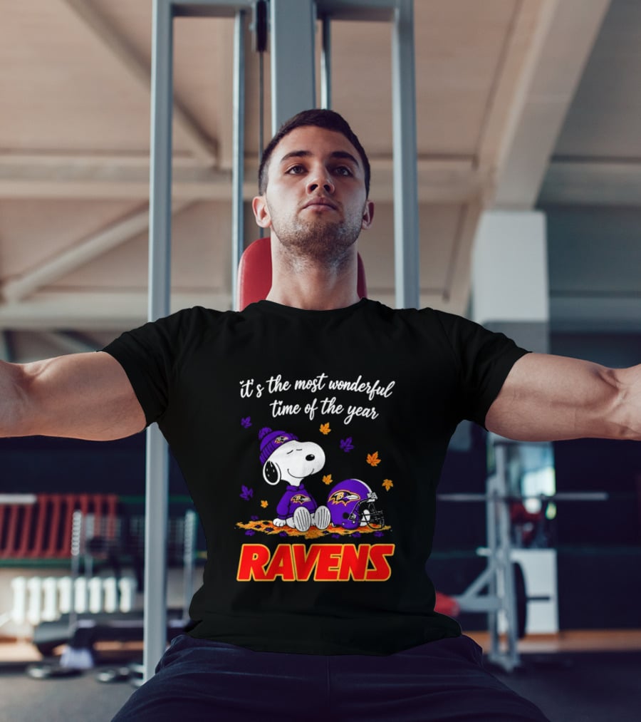 Baltimore Ravens It's The Most Wonderful Time Of Year Snoopy Sitting Leaves Football Helmet T-Shirt