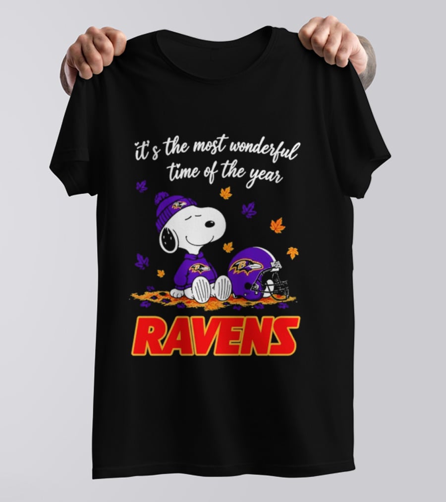 Baltimore Ravens It's The Most Wonderful Time Of Year Snoopy Sitting Leaves Football Helmet T-Shirt