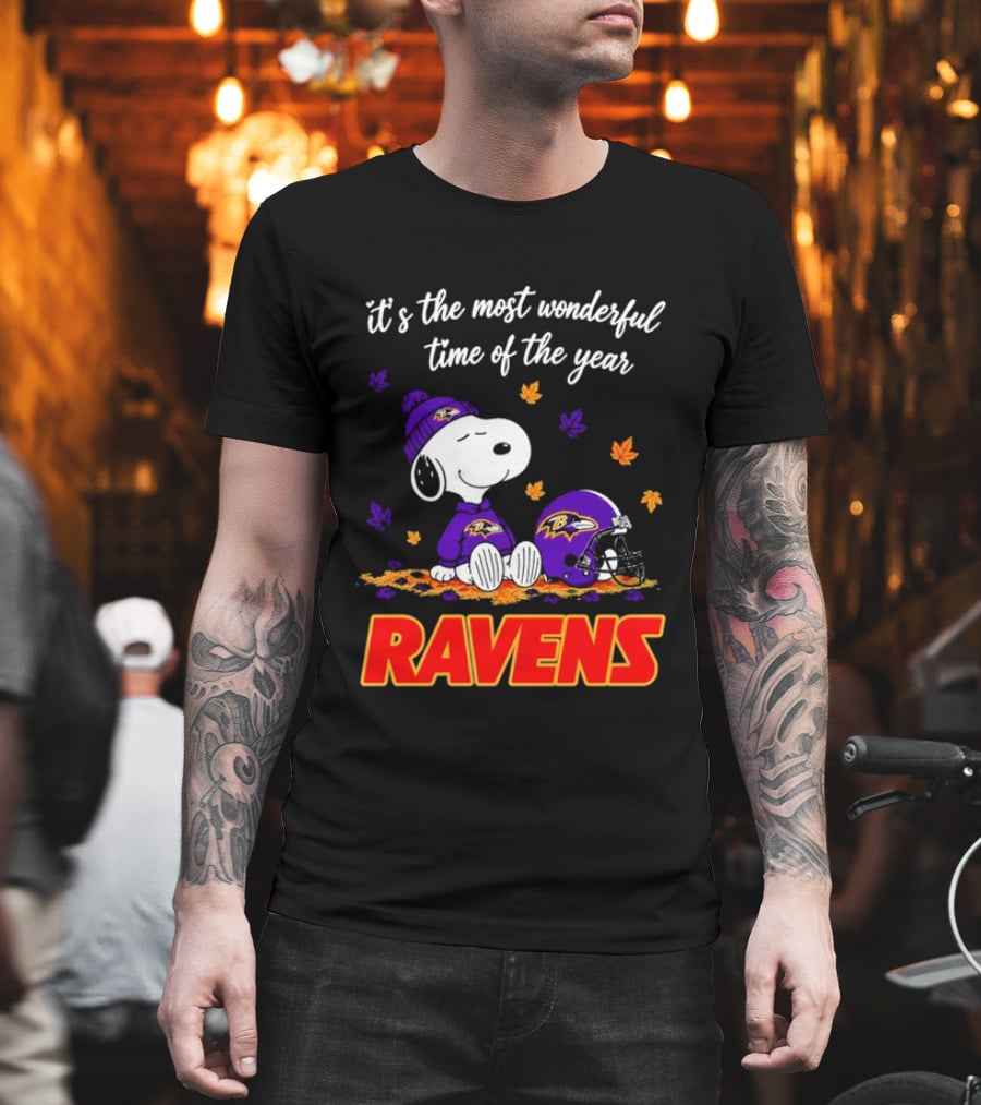 Baltimore Ravens It's The Most Wonderful Time Of Year Snoopy Sitting Leaves Football Helmet T-Shirt