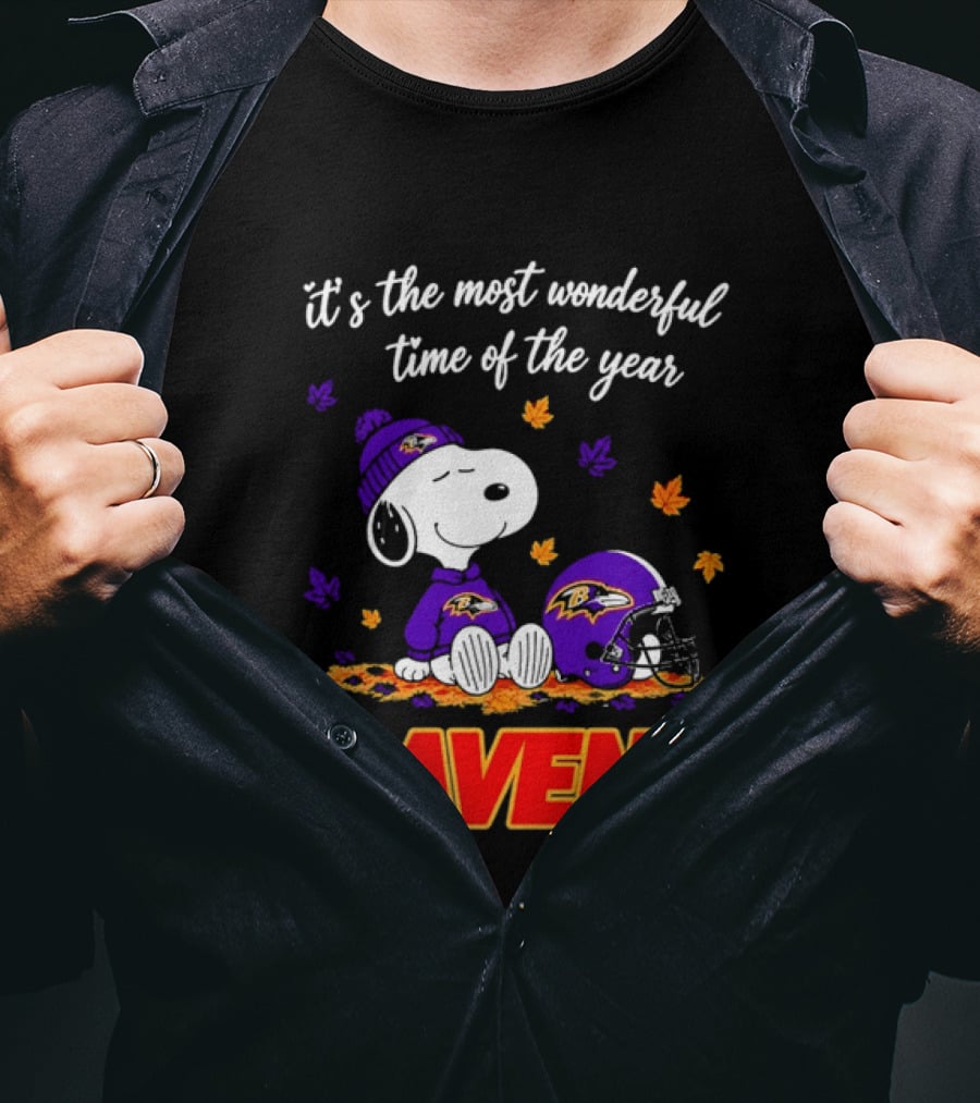 Baltimore Ravens It's The Most Wonderful Time Of Year Snoopy Sitting Leaves Football Helmet T-Shirt