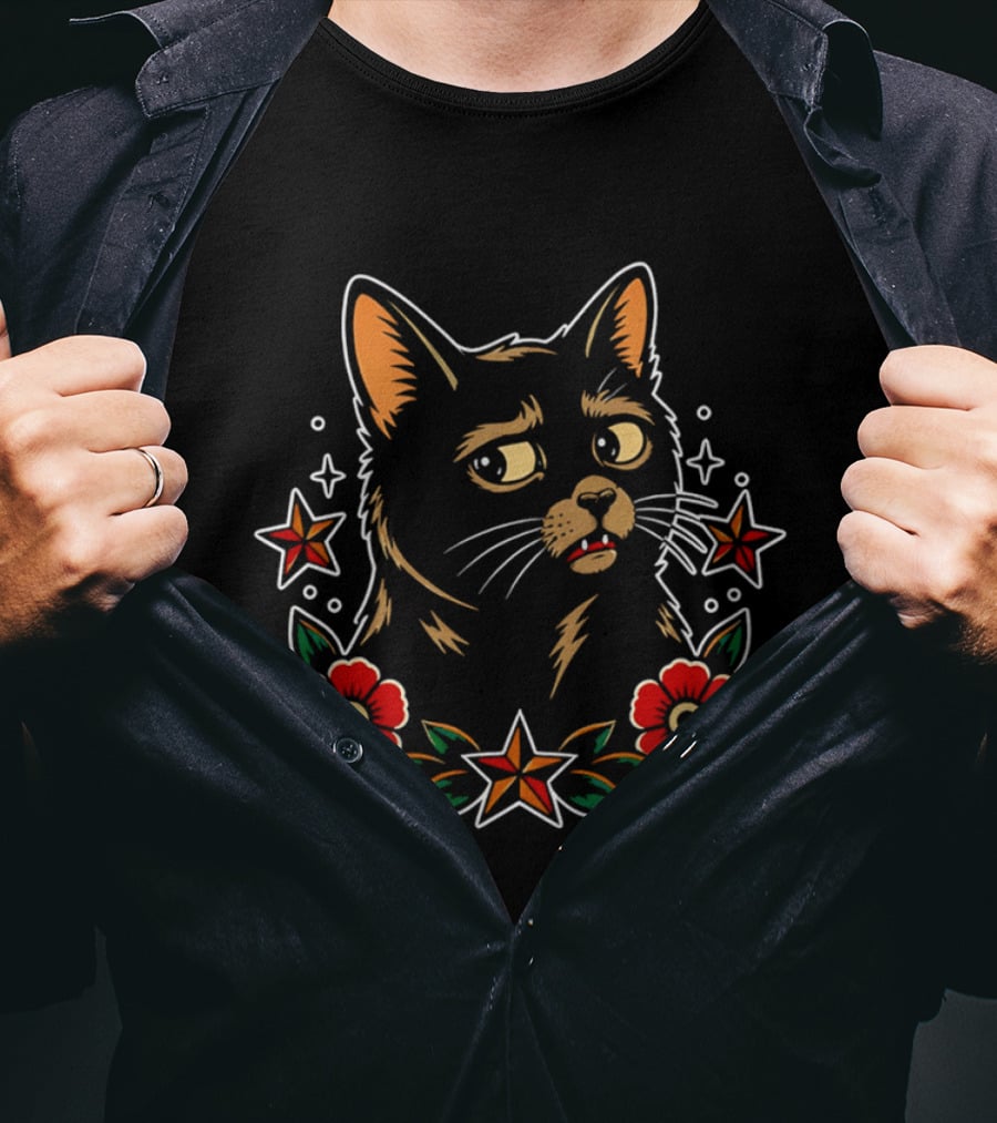 Black Cat Surrounded By Stars And Red Flowers T-Shirt
