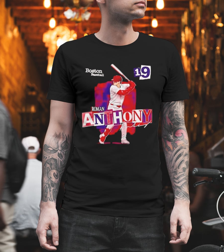 Boston Baseball 19 Roman Anthony Player Batting Red Paint T-Shirt