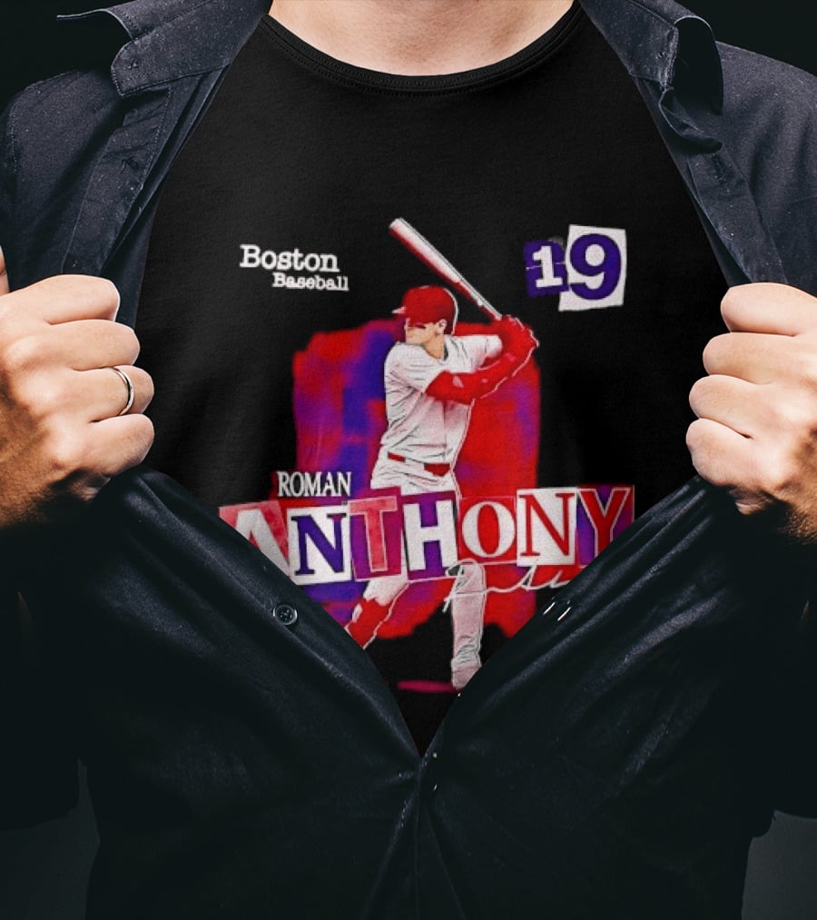 Boston Baseball 19 Roman Anthony Player Batting Red Paint T-Shirt
