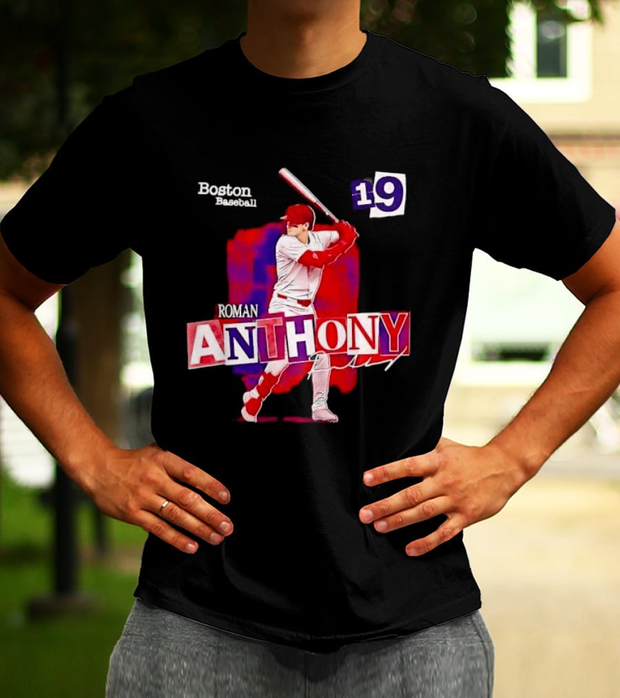 Boston Baseball 19 Roman Anthony Player Batting Red Paint T-Shirt