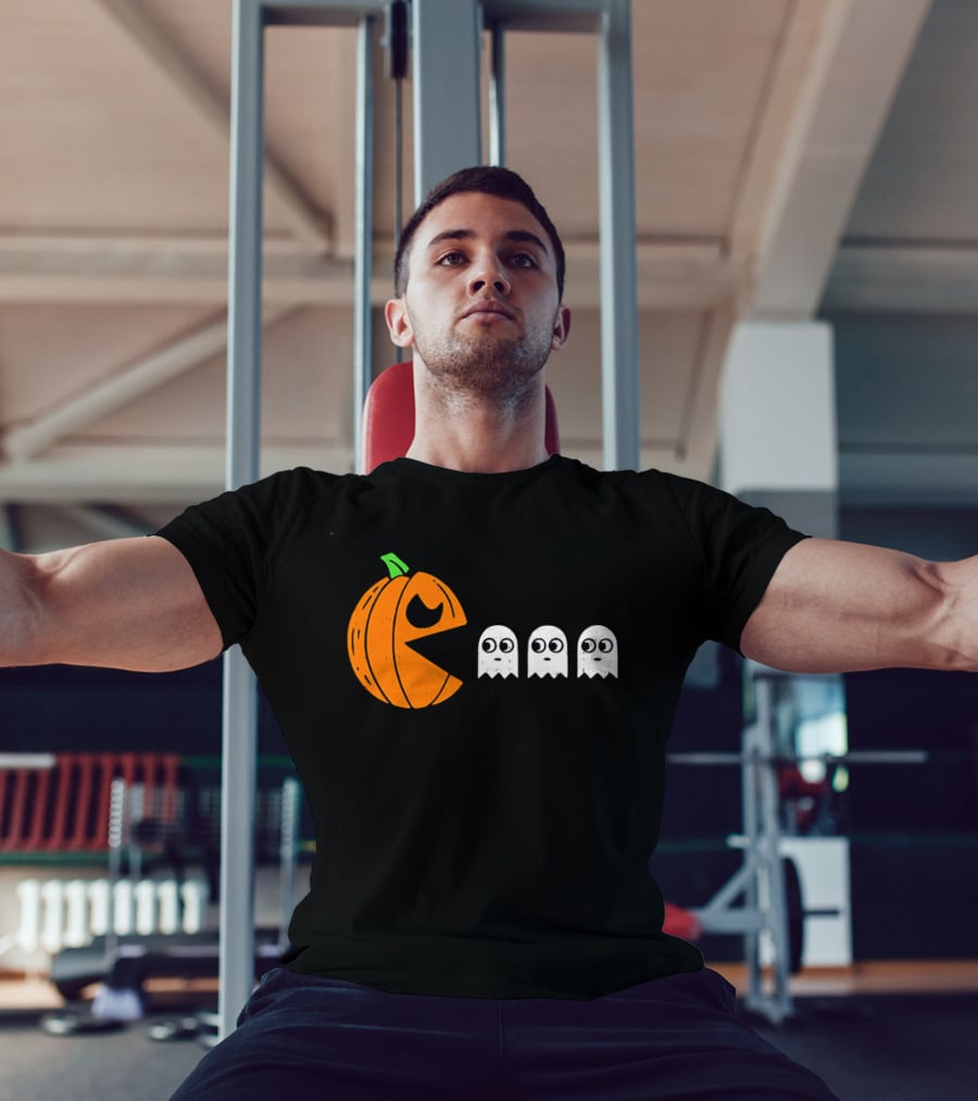Halloween Pumpkin Pac Man Chasing White Ghosts Distressed Cartoon T-Shirt