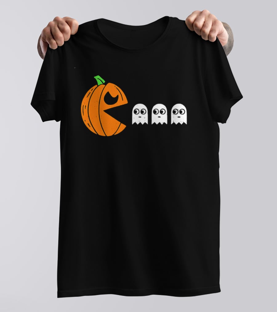 Halloween Pumpkin Pac Man Chasing White Ghosts Distressed Cartoon T-Shirt