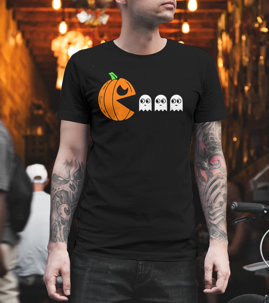 Halloween Pumpkin Pac Man Chasing White Ghosts Distressed Cartoon T-Shirt