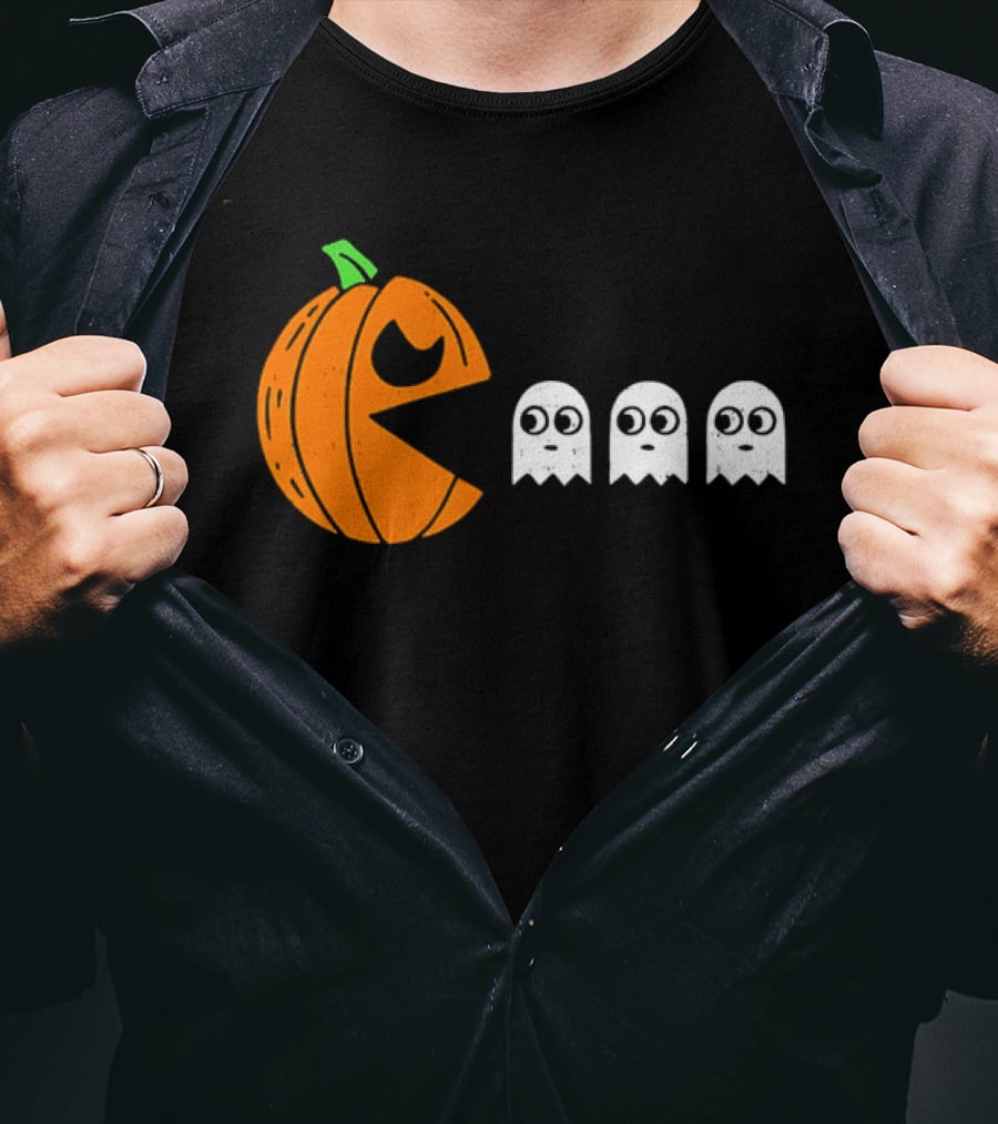 Halloween Pumpkin Pac Man Chasing White Ghosts Distressed Cartoon T-Shirt