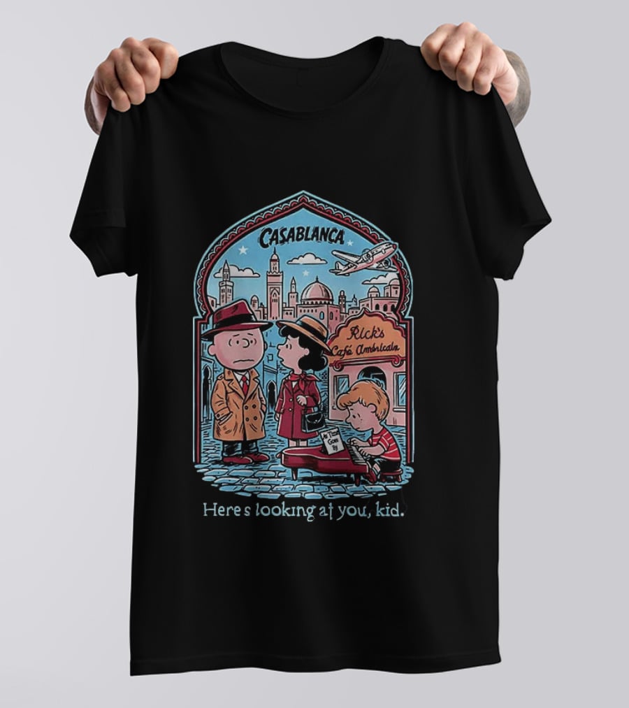 Charlie Brown Lucy Linus Peanuts Casablanca Rick's Café Americain Here's Looking At You Kid T-Shirt
