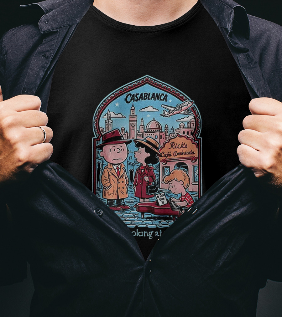 Charlie Brown Lucy Linus Peanuts Casablanca Rick's Café Americain Here's Looking At You Kid T-Shirt
