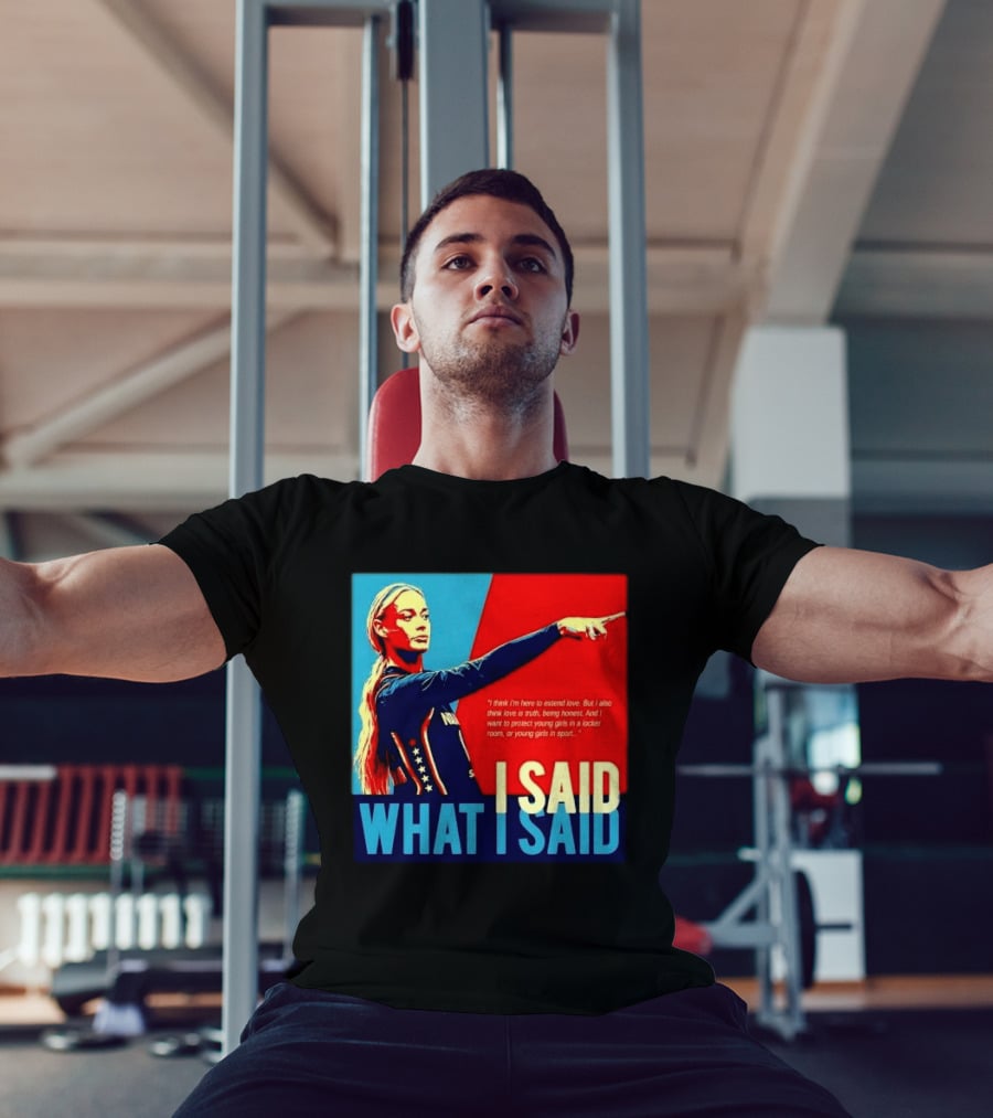 I Said What Blonde Female Athlete Pointing Red Blue Stylized Truth Honesty Protecting Young Girls In Sport T-Shirt