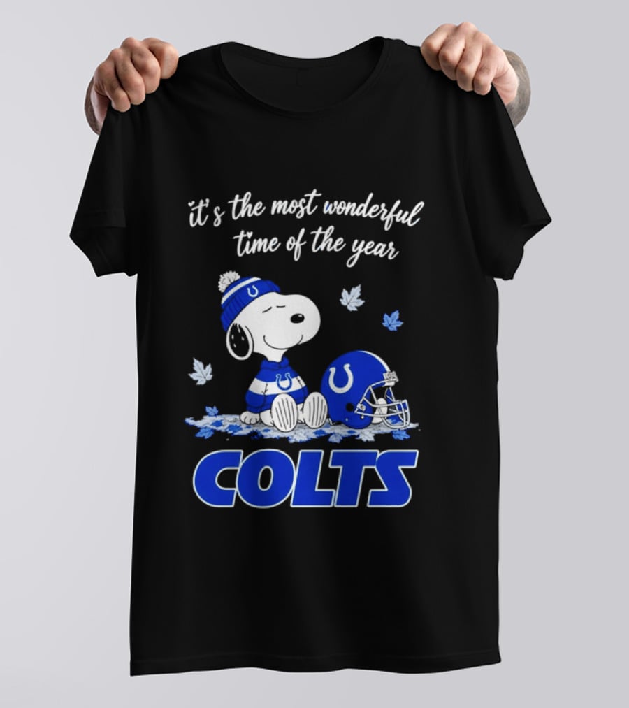Indianapolis Colts Snoopy Beanie Helmet Leaves It's The Most Wonderful Time Of The Year T-Shirt
