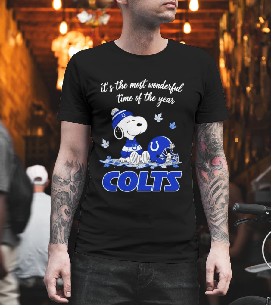 Indianapolis Colts Snoopy Beanie Helmet Leaves It's The Most Wonderful Time Of The Year T-Shirt