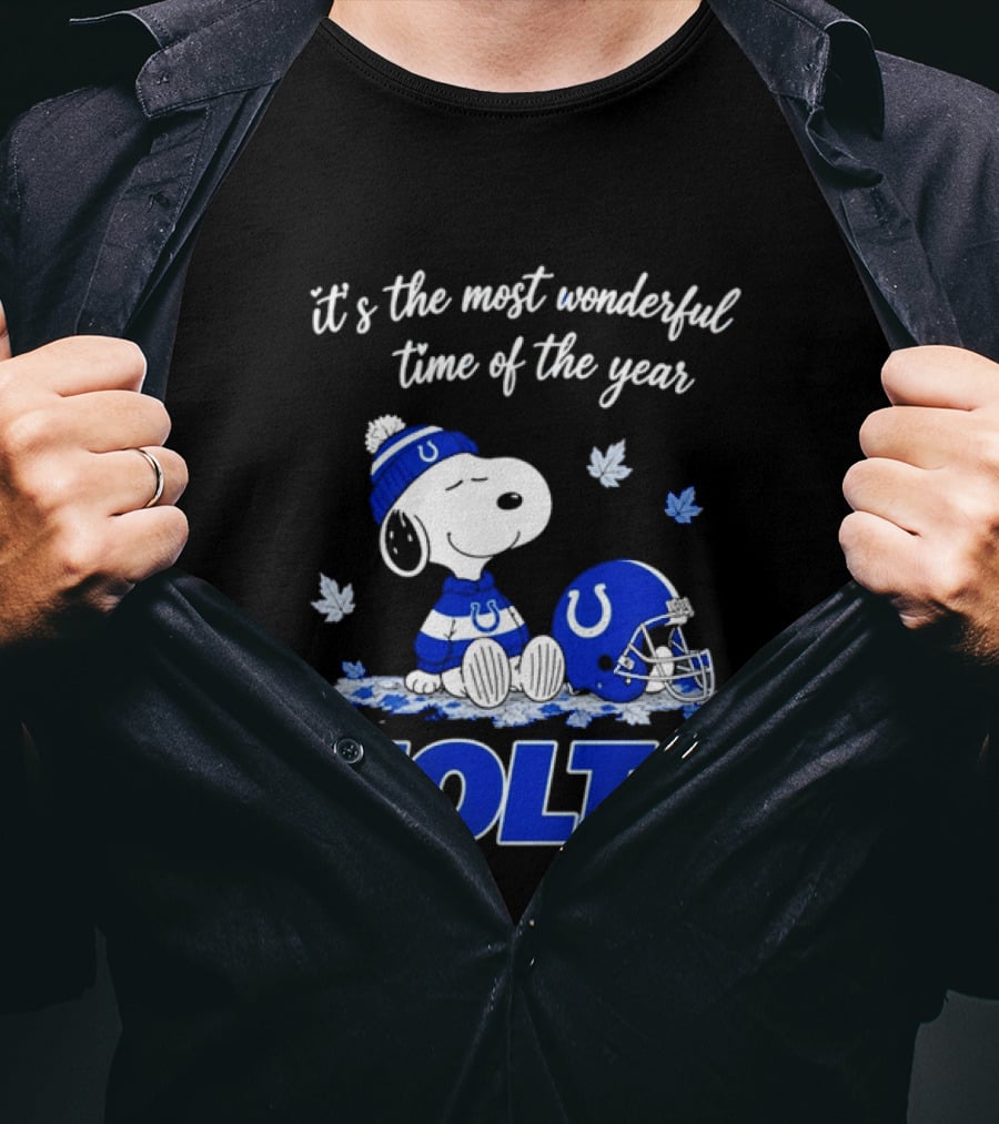 Indianapolis Colts Snoopy Beanie Helmet Leaves It's The Most Wonderful Time Of The Year T-Shirt