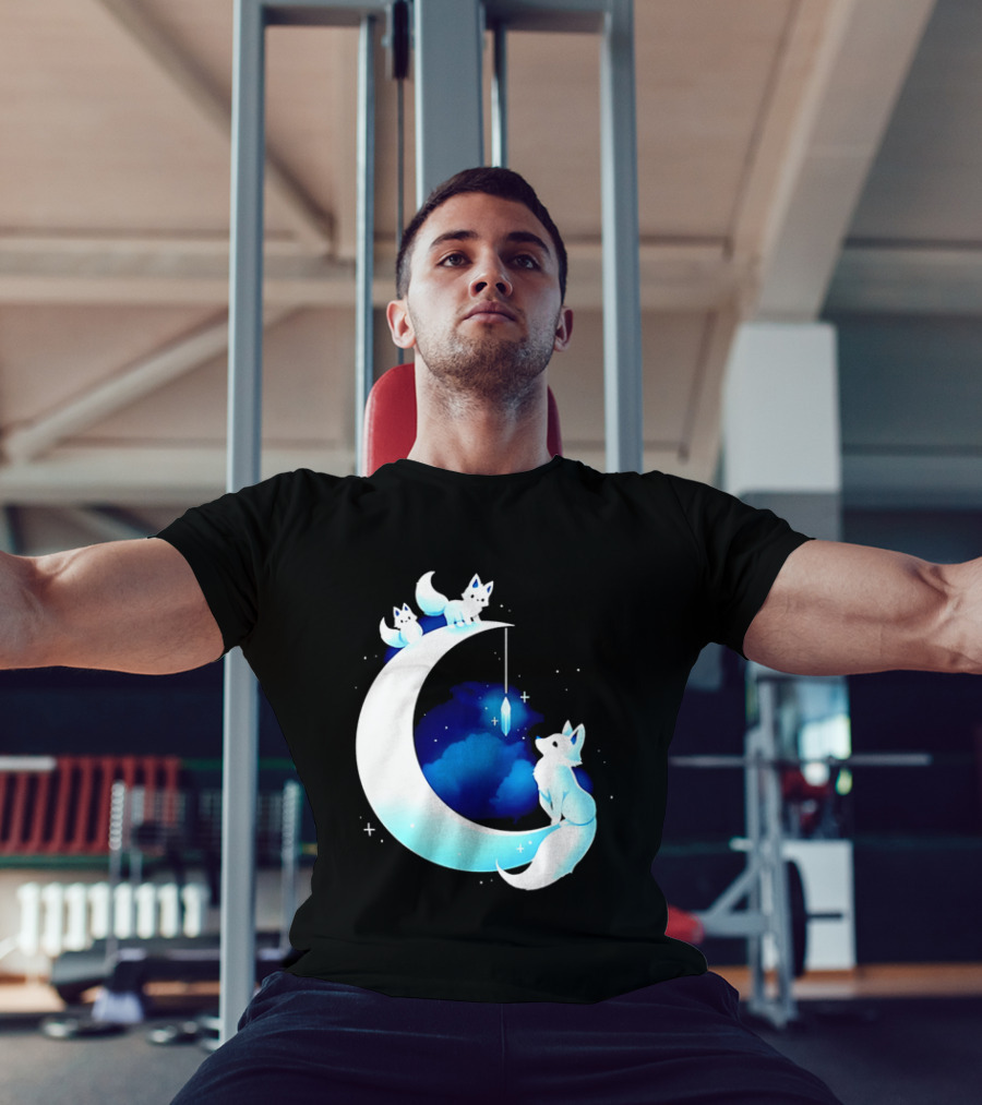 Glowing White Arctic Foxes Crescent Moon Crystal Night Sky T-Shirt