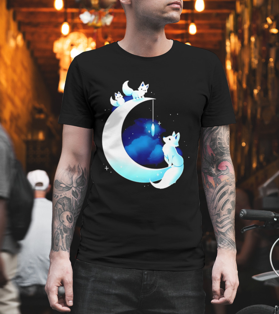 Glowing White Arctic Foxes Crescent Moon Crystal Night Sky T-Shirt