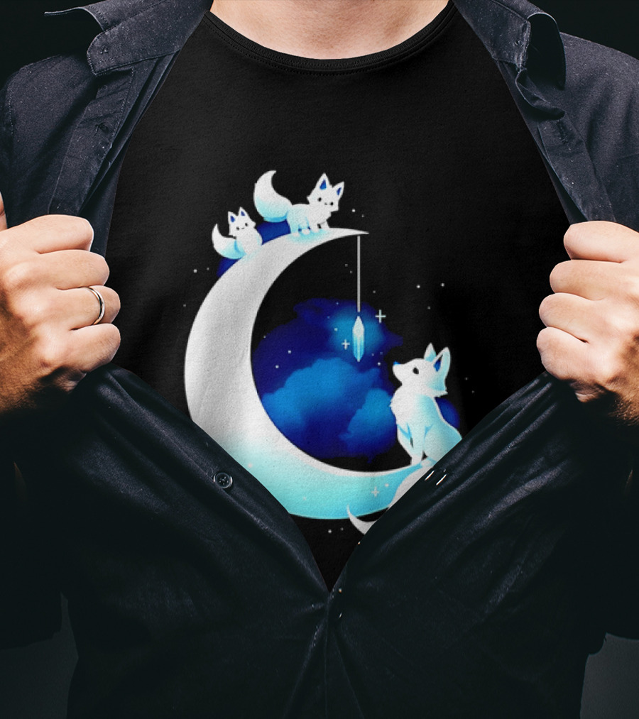 Glowing White Arctic Foxes Crescent Moon Crystal Night Sky T-Shirt