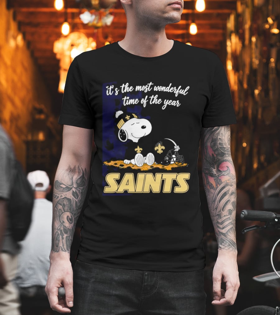 New Orleans Saints Snoopy Beanie Helmet Autumn Leaves Most Wonderful Time Of Year T-Shirt