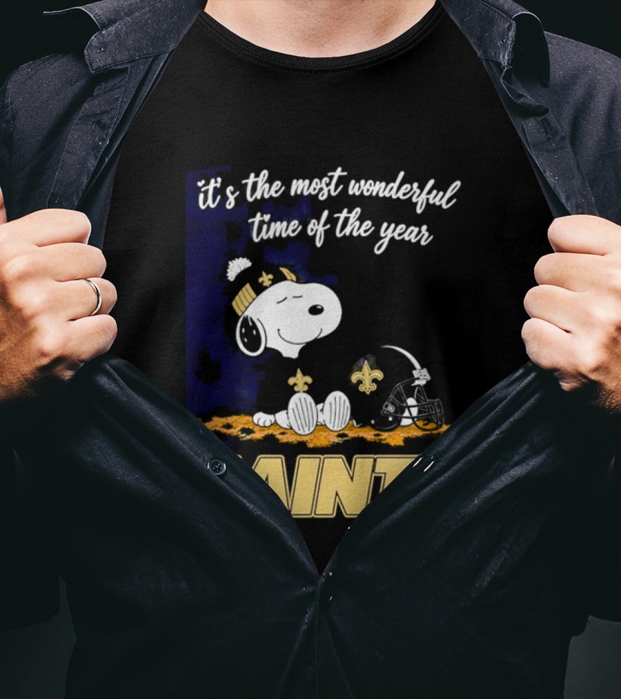 New Orleans Saints Snoopy Beanie Helmet Autumn Leaves Most Wonderful Time Of Year T-Shirt