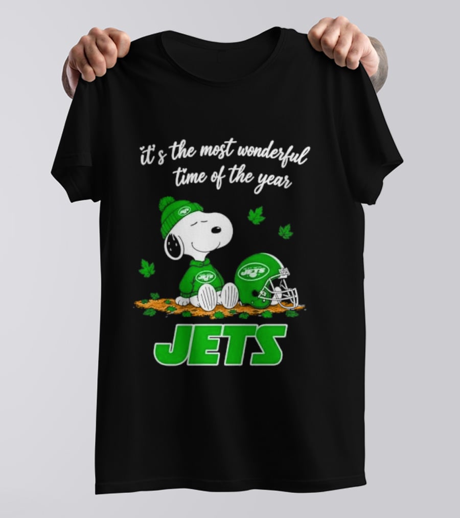 New York Jets It's The Most Wonderful Time Of Year Cartoon Dog Beanie Helmet Autumn Leaves T-Shirt