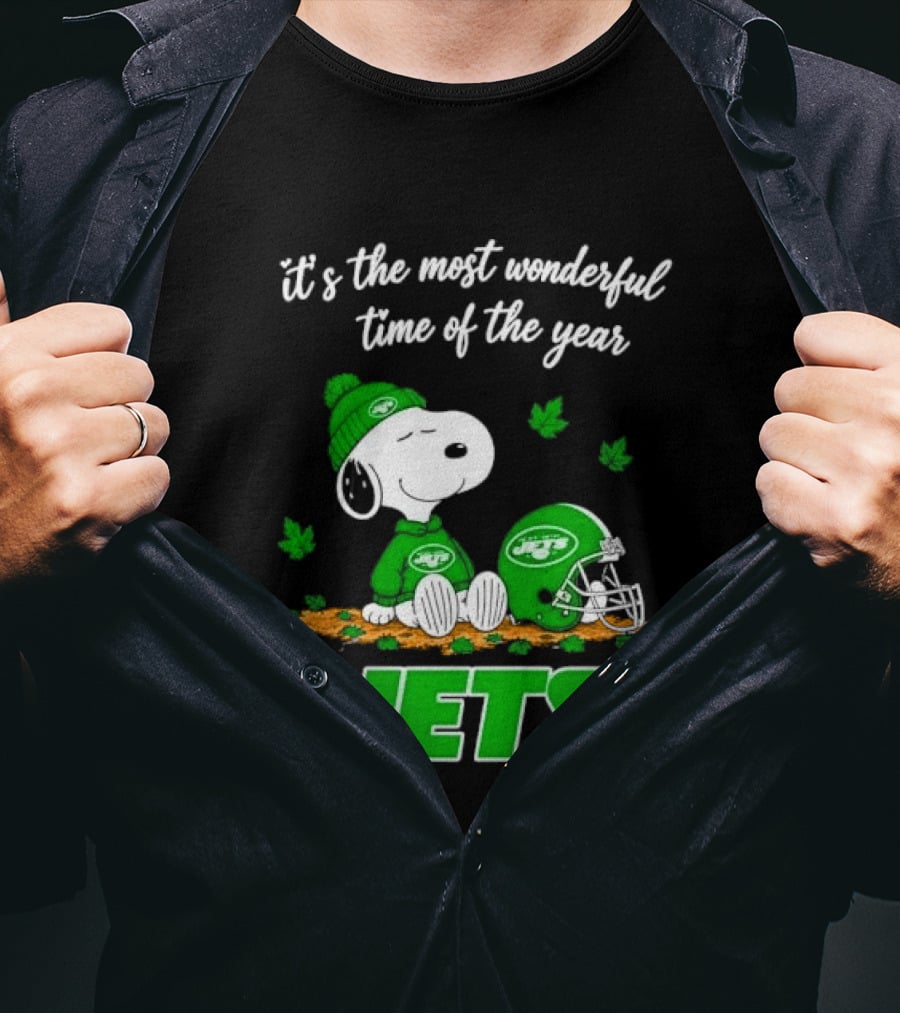 New York Jets It's The Most Wonderful Time Of Year Cartoon Dog Beanie Helmet Autumn Leaves T-Shirt