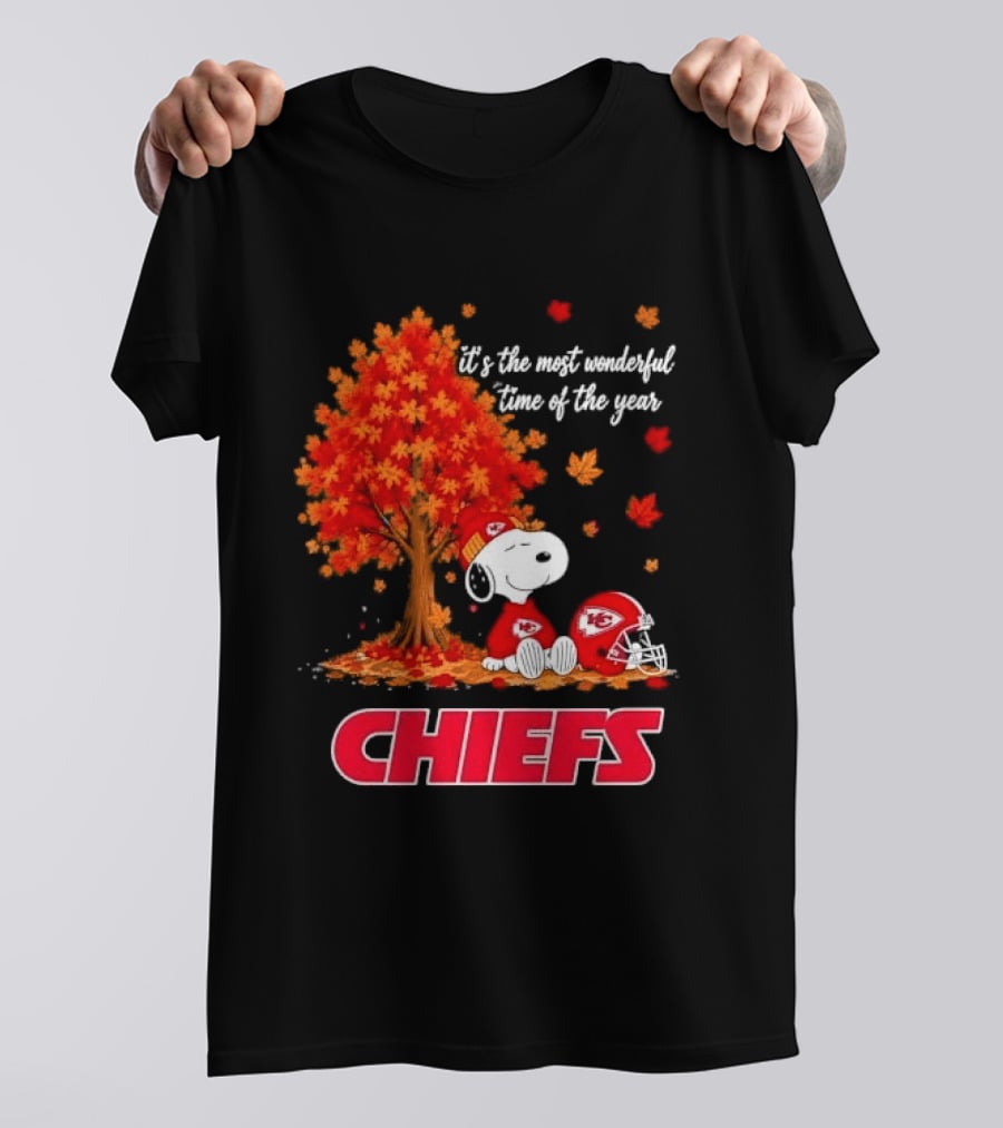 Kansas City Chiefs Snoopy Autumn Tree Football Helmet Most Wonderful Time Of The Year T-Shirt