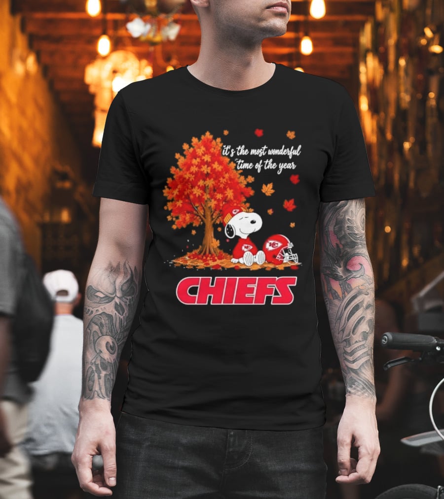 Kansas City Chiefs Snoopy Autumn Tree Football Helmet Most Wonderful Time Of The Year T-Shirt