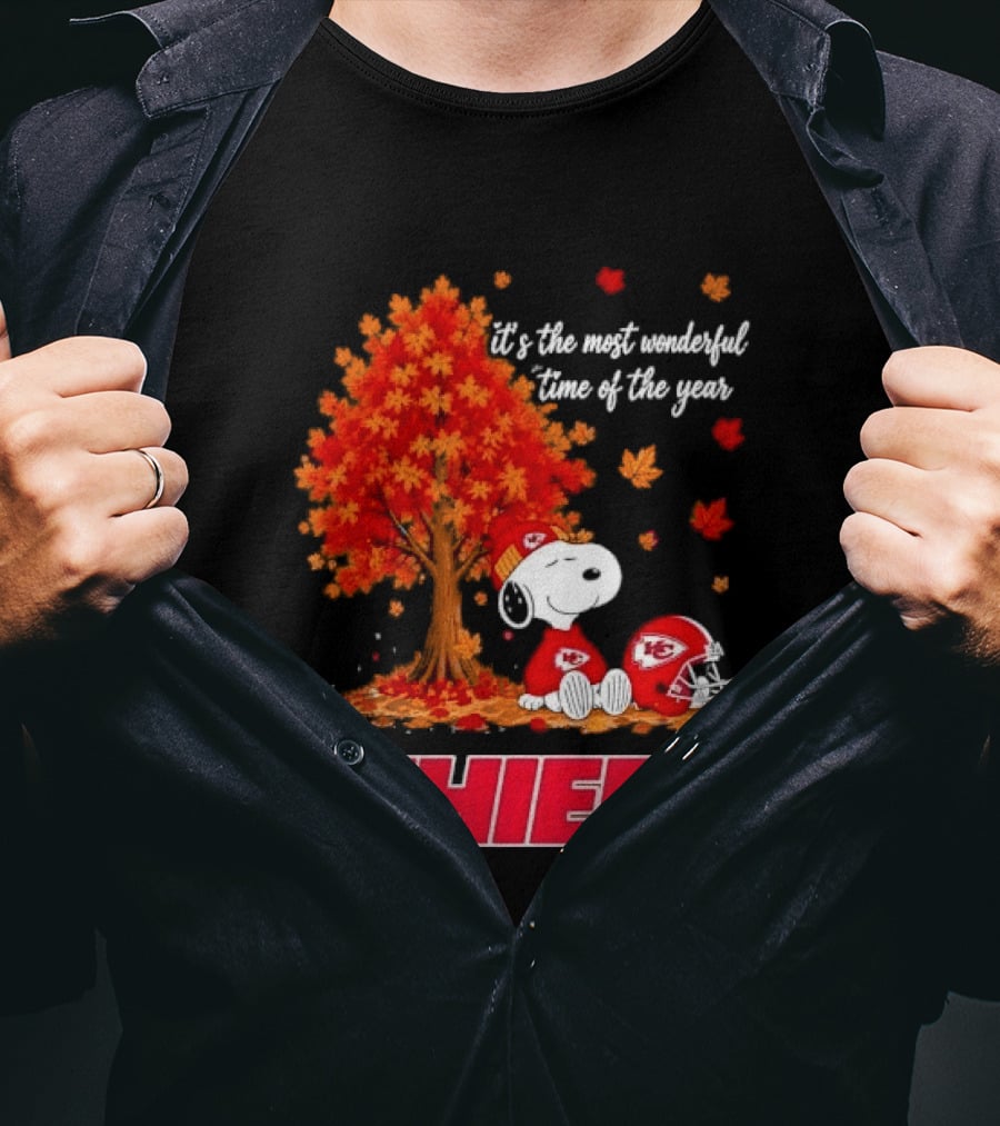 Kansas City Chiefs Snoopy Autumn Tree Football Helmet Most Wonderful Time Of The Year T-Shirt