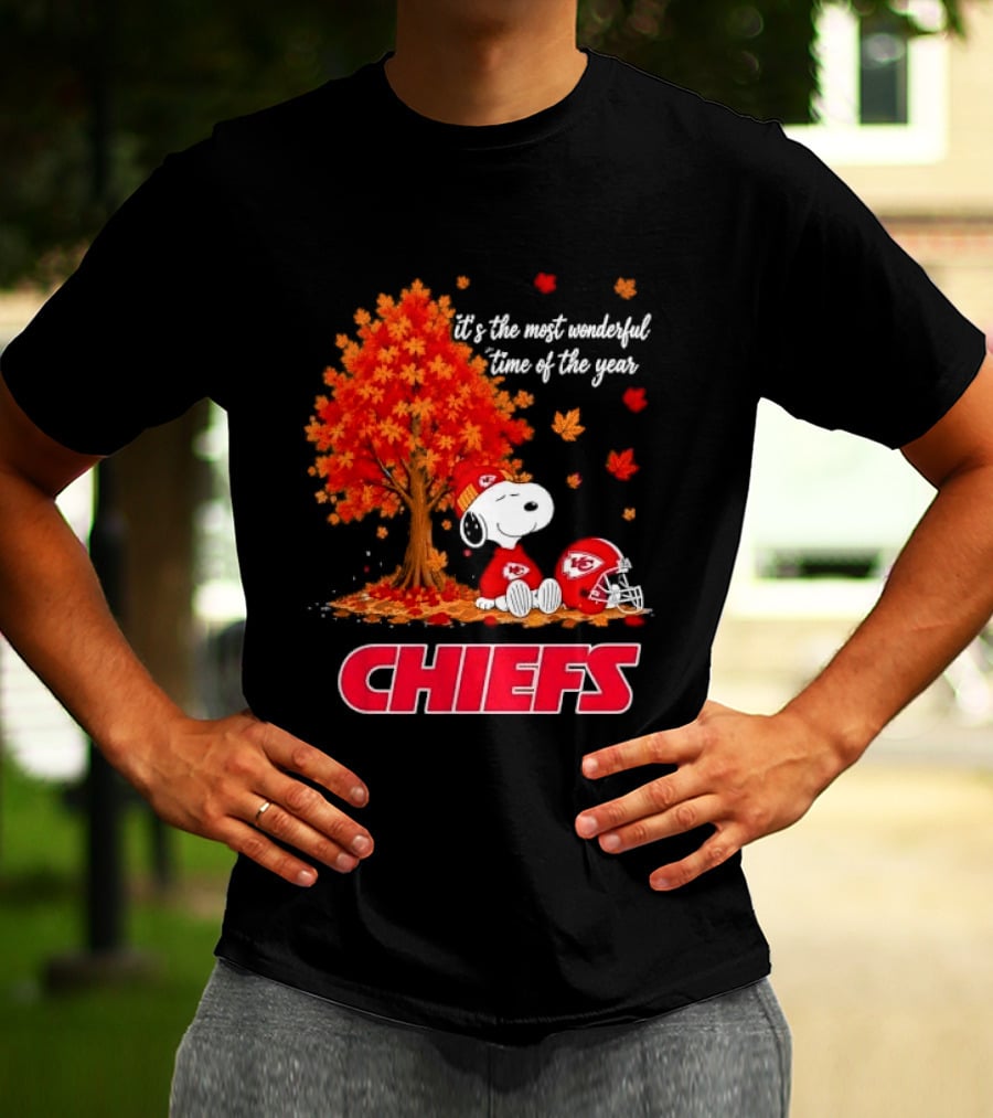 Kansas City Chiefs Snoopy Autumn Tree Football Helmet Most Wonderful Time Of The Year T-Shirt