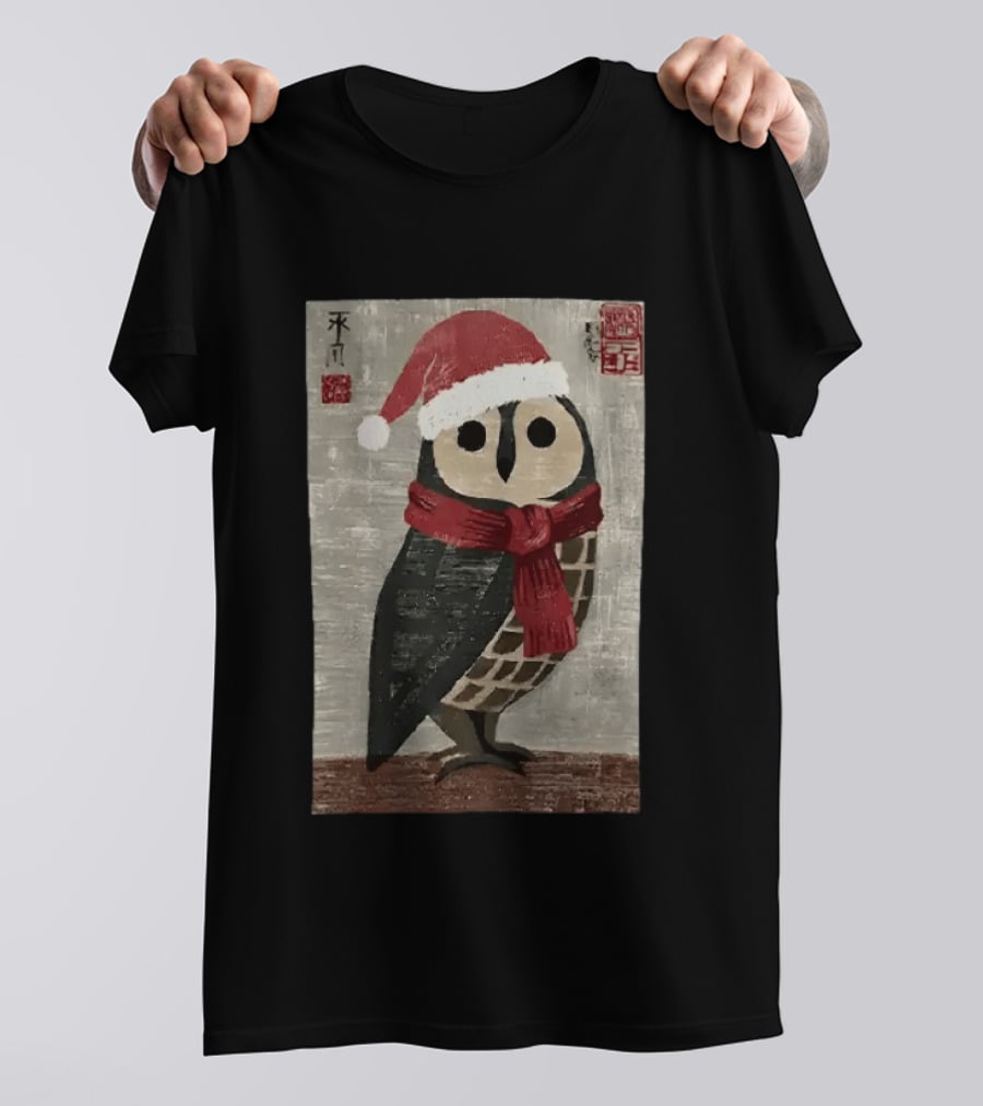 Owl With Red Santa Hat And Scarf Japanese Calligraphy T-Shirt