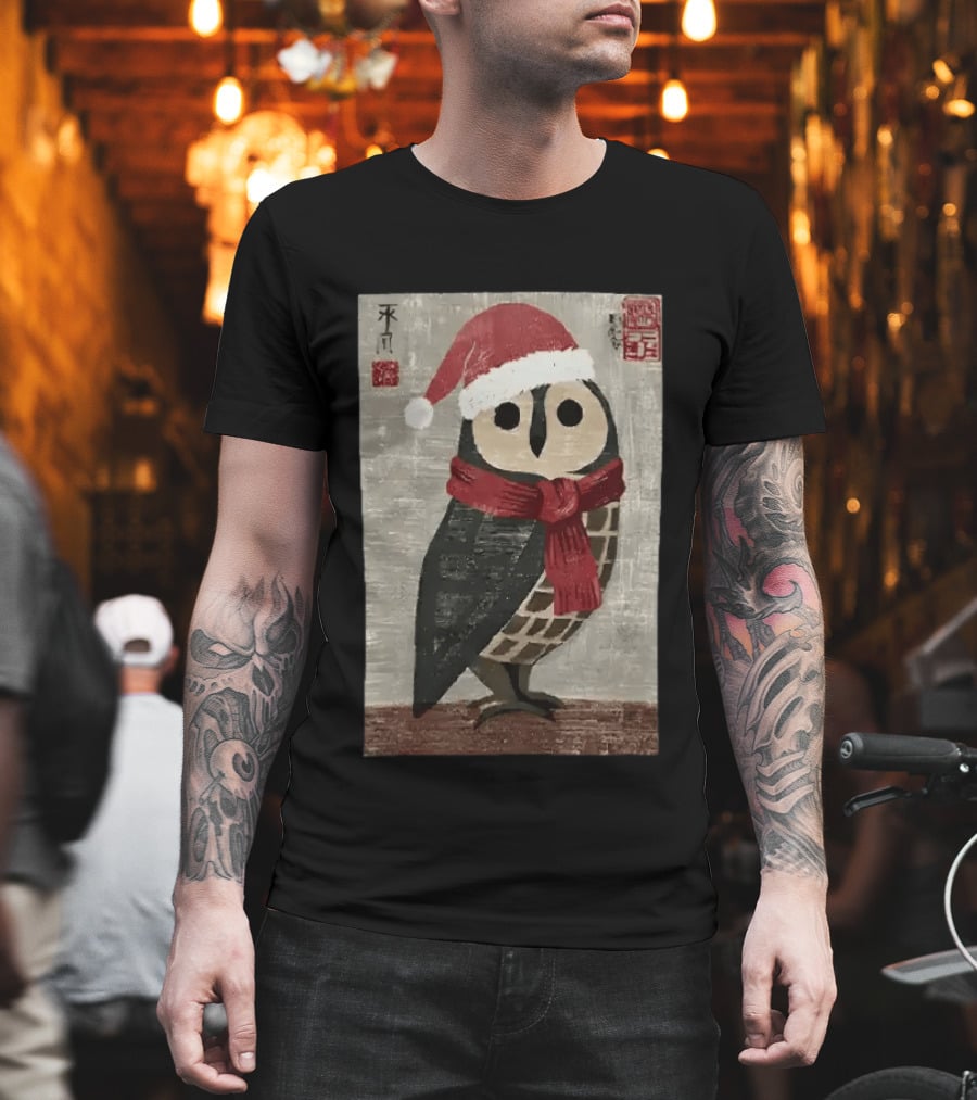 Owl With Red Santa Hat And Scarf Japanese Calligraphy T-Shirt
